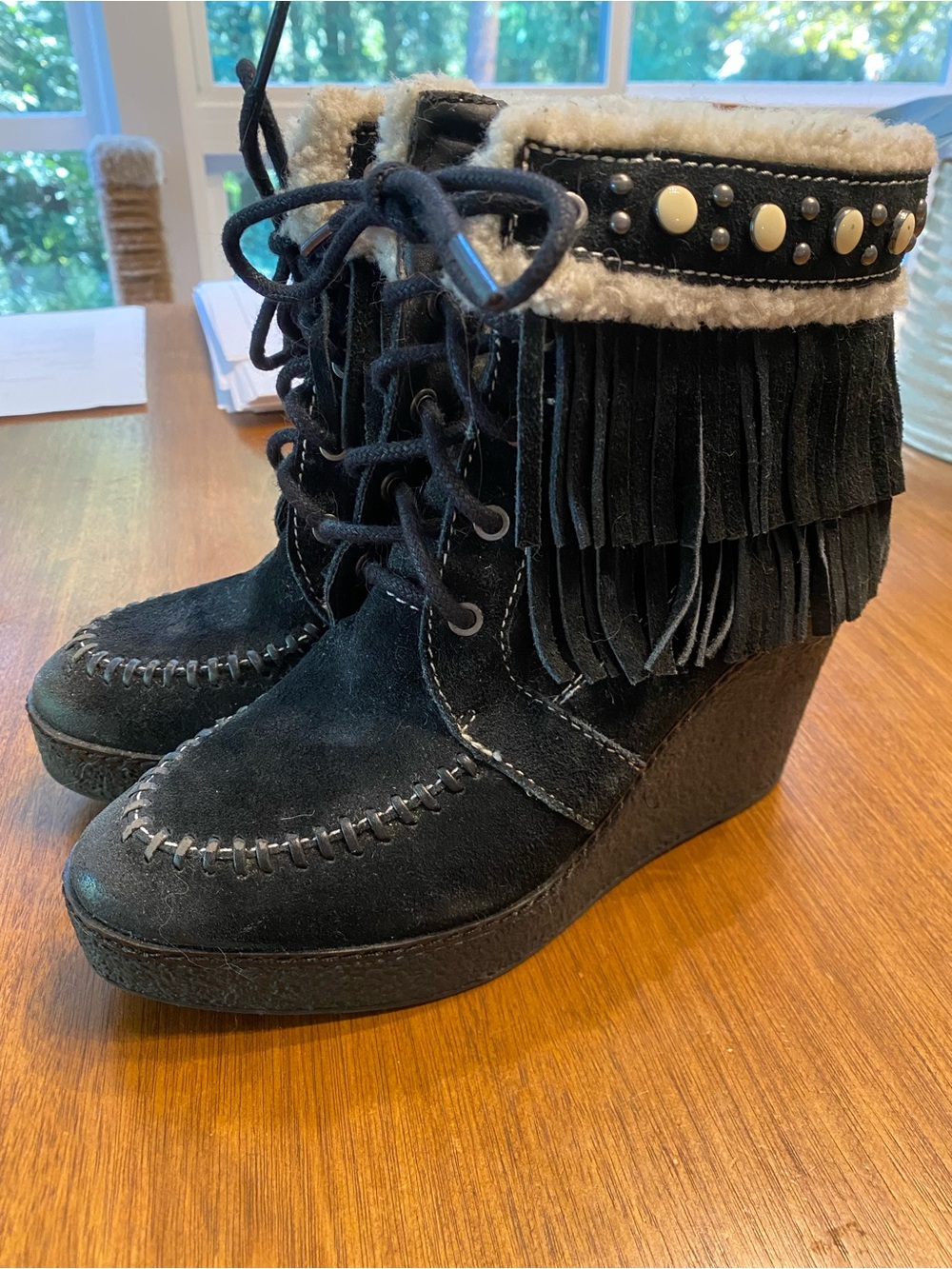 Sam Edelman Black Suede Fringe Wedge Ankle Boots with Faux Shearling Trim